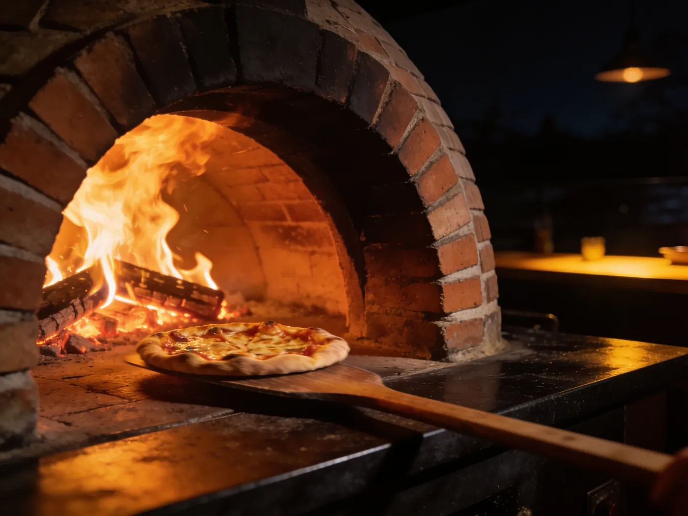 La bocca del forno a legna, le fiamme sulla volta di mattoni