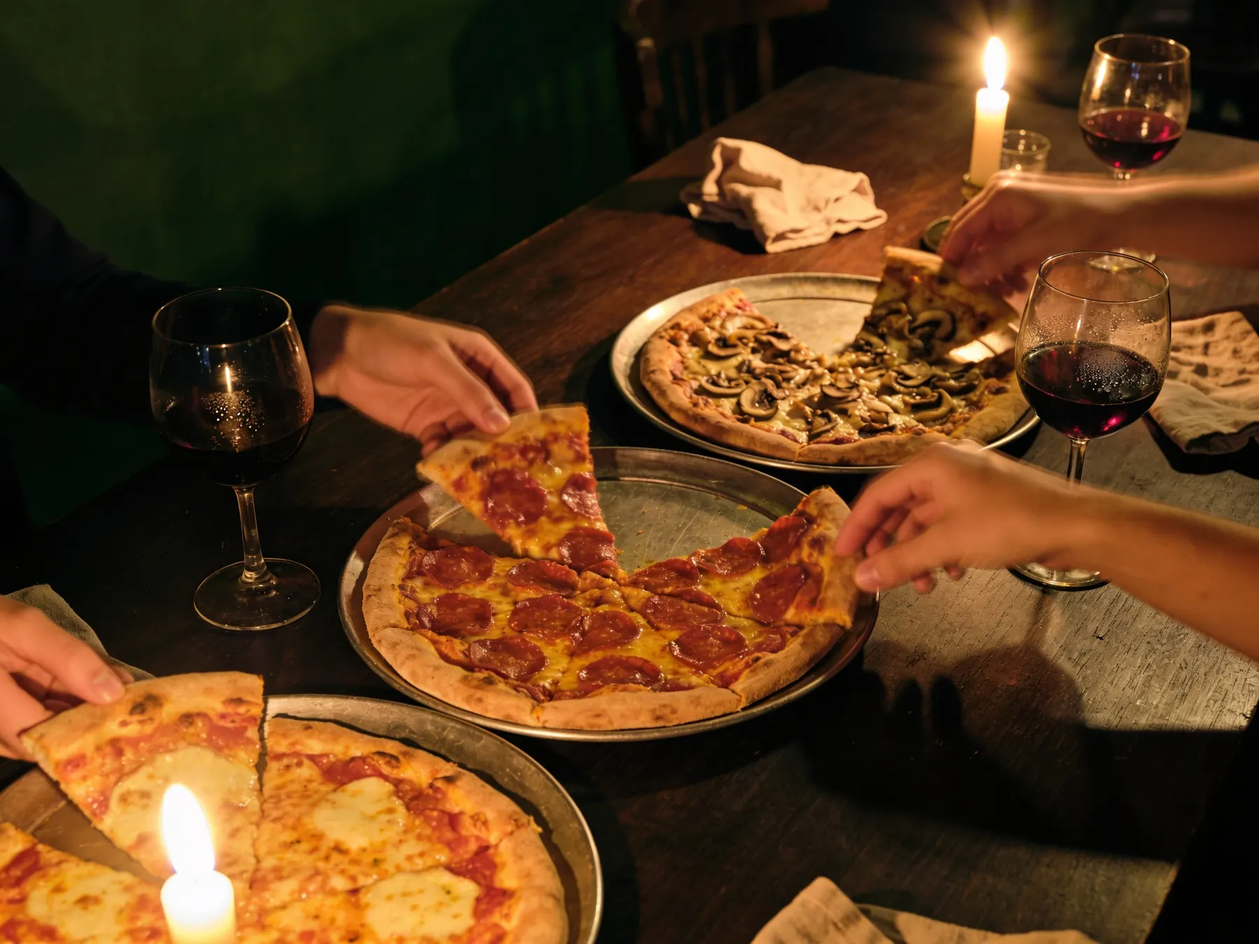 Tre pizze condivise su una lunga tavola a lume di candela
